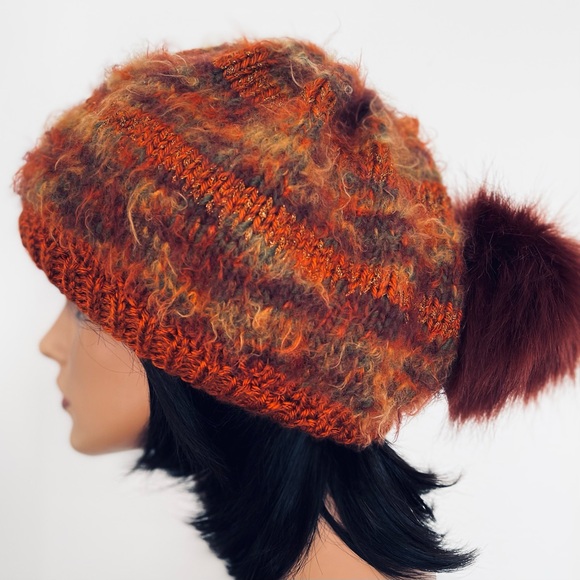 Hand Knits 2 Love Slouch Beanie Hat Cap Faux Fur Pom Pom Rustic Boho Designer main image 4
